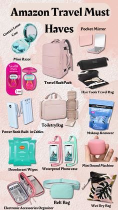 the ultimate travel must haves for women in pink, blue and green colors with text overlay that says amazon travel must haves