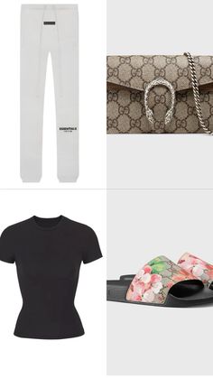 a women's outfit and accessories including a black top, white pants, gucci belt