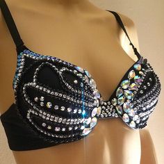 This Gorgeous Top Can Be Worn With Anything Under A Blazer Or Wear It Alon. This Top Fits Size Small And Extra Small. The Straps Are Also Removable Which Becomes A Strapless Top. Carnival Dancer Costume, Rave Bra Diy, Black Rhinestone Top, Decorated Bras, Carnival Dancers, Rave Tops, Black Velvet Top, Diy Bra, Rhinestone Bra