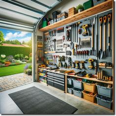 a garage filled with lots of tools on the wall next to a large open door