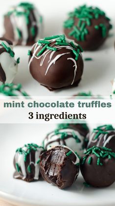 chocolate truffles with green sprinkles are on a white plate