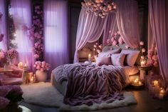 a bedroom decorated in pink and white with flowers on the bed, candles and curtains