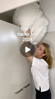 a woman hanging on to the side of a white wall with text that reads top 10 hacks for 2020