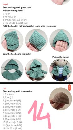 the instructions for crochet baby hats and mittens are shown in this page