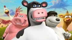 three cartoon cows standing next to each other