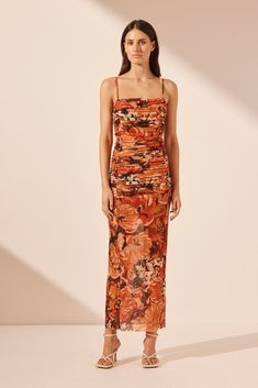 Rubi Open Back Ruched Midi Dress | Tangerine/ Multi | Dresses | Shona Joy     – Shona Joy International Floral Print Midi Dress For Night Out, Spring Gala Dress With Ruched Back, Spring Gala Maxi Dress With Ruched Back, Backless Midi Dress For Spring Gala, Summer Gala Dress With Ruched Back, Summer Evening Mesh Dress With Ruched Detail, Ruched Floral Maxi Dress For Summer, Summer Ruched Floral Maxi Dress, Summer Evening Ruched Mesh Dress