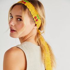 Add A Playful Touch To Your Hairstyle With This So Fun Headband Featured In A Soft Fabrication And Crochet-Style With Woven Cherry Detailing, Scallop Edges, And Long Dangling Ties. Care/Import Import Best Crochet Hair, Bandana Crochet, Crochet Hair Accessories, Free People Accessories, Cool Accessories, Soft Headbands, Crochet World, Your Hairstyle, Crochet Hair Styles