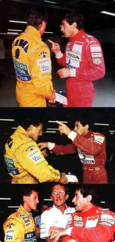 two men in red and yellow racing suits talking to each other on the same team