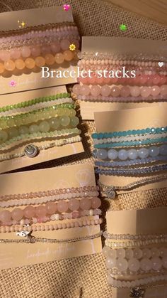 bracelets are stacked on top of each other in different colors and sizes, with the words bracleest stacks written above them