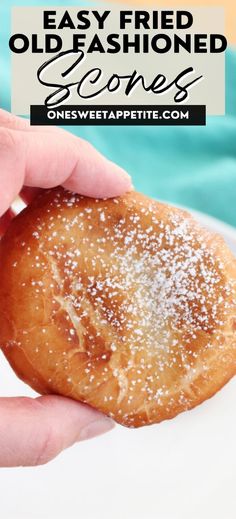 a person holding a sugary pastry in their hand with the words easy fried old fashioned bones above it