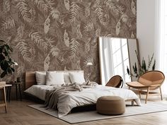 Breezy Wooden Bed Frame With Beige Bedding & Large Mirror On The Floor As Well As Plants Tranquil Wallpaper, Brown Backdrop, Kids Bedroom Wallpaper, Wallpaper Leaf, Wallpaper Textured, Dining Room Wallpaper, Leaf Silhouette, Classic Wallpaper, Stripes Wallpaper