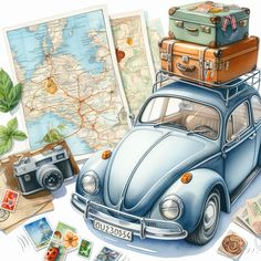 a blue car with luggage on top of it next to other travel items and stamps