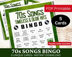 Take a trip down memory lane with our 70s Songs printable bingo set! Perfect for parties, game nights, or just a fun night in with friends and family. This set features all your favorite hits from the groovy decade, guaranteed to get everyone singing along. So put on your platform shoes and get ready for a fun-filled night of 70s bingo madness! 5 Printable Classic 70s Song Bingo Game Cards Set, Girls Night Activity Games, Community Party Games. Include these best timeless 70s songs in your playl Retro Birthday Theme, 40s Music, 70s Songs, Music Bingo, Bingo Sets, Reunion Party, Bingo Set, Future Music, 80's Music