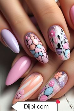 Fun Girly Nails, March Madness Nails, Pastel Easter Nails, Short Almond Shape, Easter Nails Design Spring, Adorable Bunnies, Easter Nail, Easter Nail Designs, Easter Nail Art