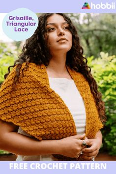 a woman wearing a yellow crochet shawl with the text free crochet pattern