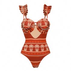 a red and white swimsuit with palm trees on it