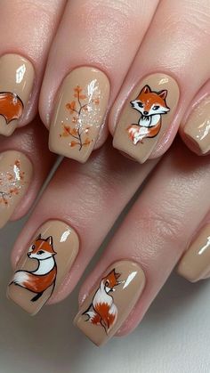 Animal Inspired Nails, Fox Nail Designs, Woodland Nails, Square Fall Nails, Forest Nails, Foxy Nails, Scarecrows Nails, Fall Toe Nails, Makeup Favs