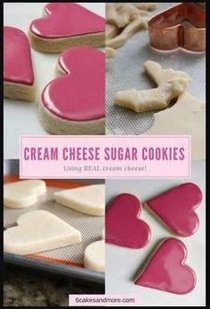 some heart shaped cookies are on a baking sheet and one has been cut into hearts