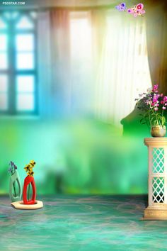 two vases with flowers are sitting on the floor in front of a window,