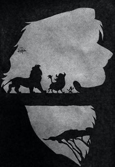 the lion king silhouetted against a black and white background with an image of two lions