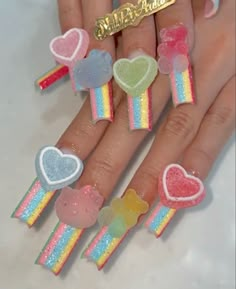 Sanrio Nails, Nail Extensions Acrylic, Sour Belts, Candy Nails, Long Acrylic Nail Designs, Full Glam, Really Cute Nails, Long Acrylic, Sour Candy