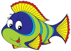 a cartoon fish with blue and yellow stripes on it's body, smiling at the viewer