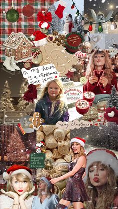 the collage shows many different types of christmas decorations and people in santa's hats