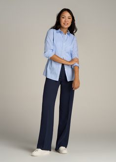 About Our Extra-Long Women’s Dress Pants Make a statement in these stylish pleated women’s tall dress pants. Pleated trousers are a timeless trend you’ll love and now, there’s finally a pair that will accentuate your long legs. These pants for tall women have been designed specifically for ladies between 5’9” and 6’6”, with a full length offering extra-long inseam options. They have a high-rise silhouette that gives the appearance of a cinched waist, complete with a fly zipper and hook and bar c Pants For Tall Women, Outfits Jean, Pleated Dress Pants, Scrubs Dress, Cozy Sleepwear, Tall Dress, Womens Chinos, Tall Men, Wide Leg Dress Pants