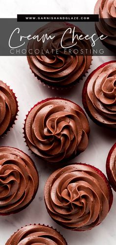 chocolate frosted cupcakes on a white marble surface with the words cream cheese chocolate frosting