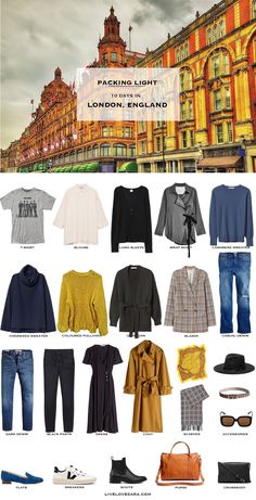 the london england travel guide is shown with many different types of clothing and accessories on display