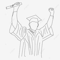 a black and white line drawing of a man in graduation gown holding up his diploma