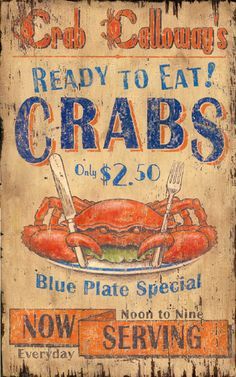 an old sign advertising crab and seafood