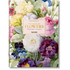 a book with flowers on the cover and an image of blue, pink, white and purple flowers