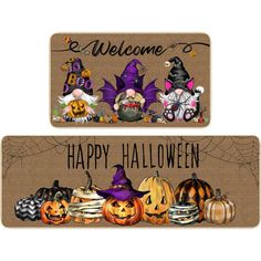 two welcome signs with pumpkins and witches