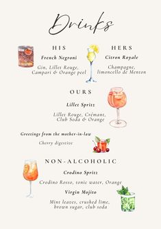 a menu with drinks on it