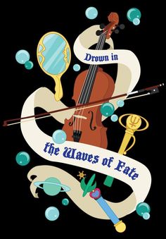 an image of a violin with the words, drown in the waves of fate on it