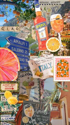 a collage of oranges, lemons and signs