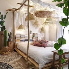 a canopy bed in a bedroom with plants and rugs on the floor next to it