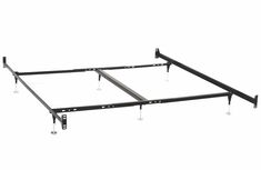 a metal bed frame with four legs and two balls on the bottom one is black