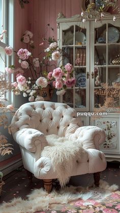 a white chair sitting in front of a window next to a vase with flowers on it