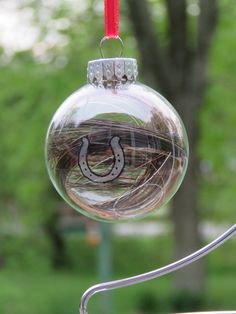 a glass ornament with a horseshoe on it hanging from a red string in front of some trees