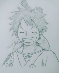 a drawing of an anime character with his hair pulled back and smiling at the camera