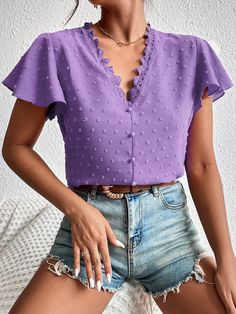 Purple Casual Collar Cap Sleeve Fabric Plain Top Embellished Non-Stretch  Women Clothing Dusty Pink Top Outfits, Pink Top Outfit, Butterfly Sleeve Blouse, Linen Fashion, Ruffle Sleeve Blouse, Butterfly Sleeve, Blouse Casual, Plain Tops, Pink Boho