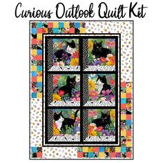 the curious quilt kit is shown with an image of a black and white cat on it