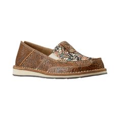 Make a statement with the Ariat� Cruiser Floral Leather Slip-On Shoes for Ladies. These slip-on Ariat shoes feature beautiful styling inspired by Wester leather work designs. The mixed-material and leather uppers feature dual side gores that make for easy putting on and taking off and color-contrasting, single-stitch welts. The cushioned EVA midsoles offer all-day comfort. The stand-out accents continue with the see-through Duratread� outsoles that show prints underneath the shoes. Imported. Man Ariat Cruisers, Shoes For Ladies, Military Appreciation, Ariat Shoes, Leather Slip On Shoes, Leather Work, Brown Floral, Good Brands, Leather Slip Ons