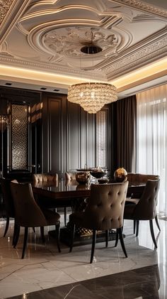 an elegant dining room with chandelier and marble flooring