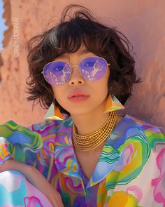 a woman wearing purple sunglasses and a colorful shirt sitting against a rock wall with her hand on her hip