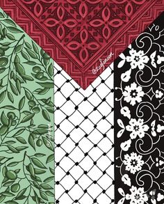 four different patterns with leaves and vines on the top one is black, white, red and green