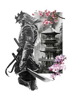 a black and white drawing of a samurai holding two swords with cherry blossoms in the background