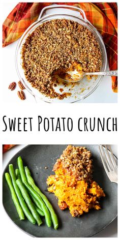 sweet potato crunch pie on a plate with green beans